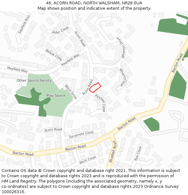 46, ACORN ROAD, NORTH WALSHAM, NR28 0UA: Location map and indicative extent of plot