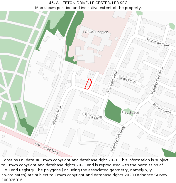 46, ALLERTON DRIVE, LEICESTER, LE3 9EG: Location map and indicative extent of plot