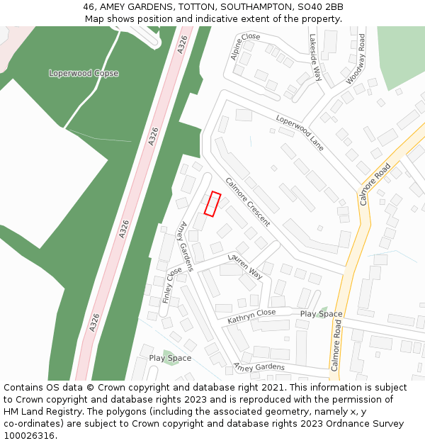 46, AMEY GARDENS, TOTTON, SOUTHAMPTON, SO40 2BB: Location map and indicative extent of plot