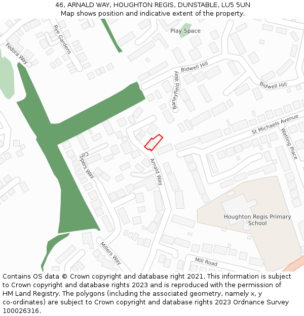 46, ARNALD WAY, HOUGHTON REGIS, DUNSTABLE, LU5 5UN: Location map and indicative extent of plot