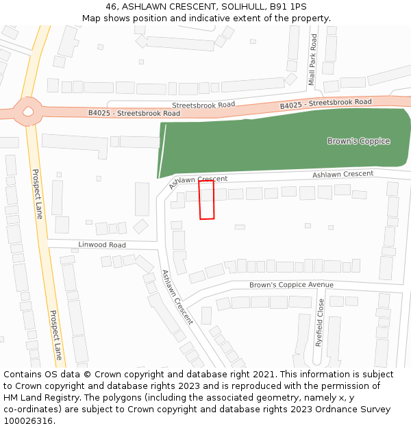 46, ASHLAWN CRESCENT, SOLIHULL, B91 1PS: Location map and indicative extent of plot