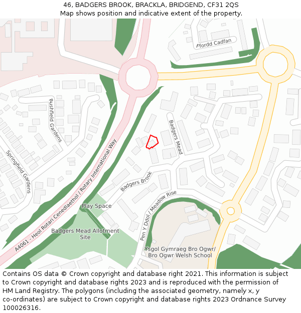 46, BADGERS BROOK, BRACKLA, BRIDGEND, CF31 2QS: Location map and indicative extent of plot