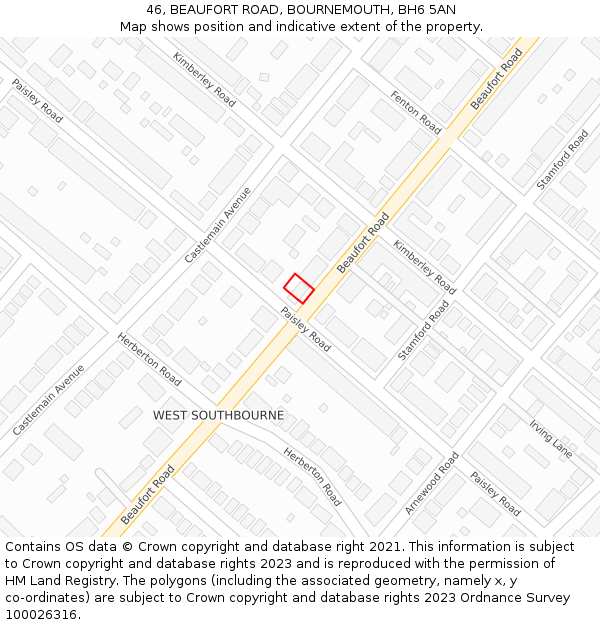 46, BEAUFORT ROAD, BOURNEMOUTH, BH6 5AN: Location map and indicative extent of plot