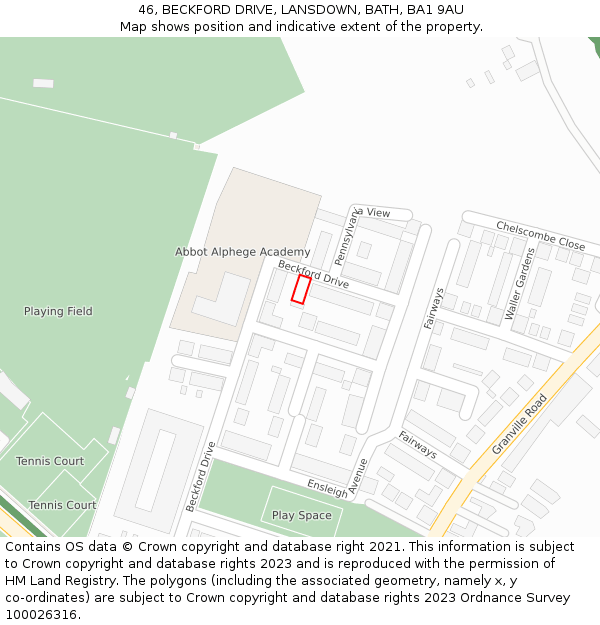 46, BECKFORD DRIVE, LANSDOWN, BATH, BA1 9AU: Location map and indicative extent of plot