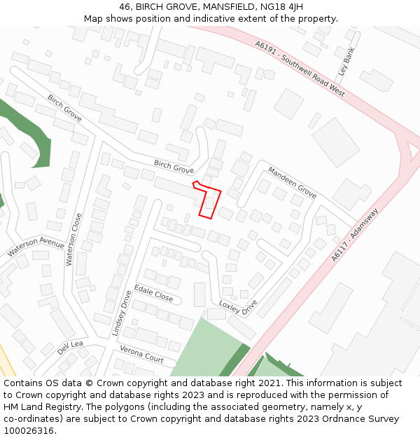 46, BIRCH GROVE, MANSFIELD, NG18 4JH: Location map and indicative extent of plot