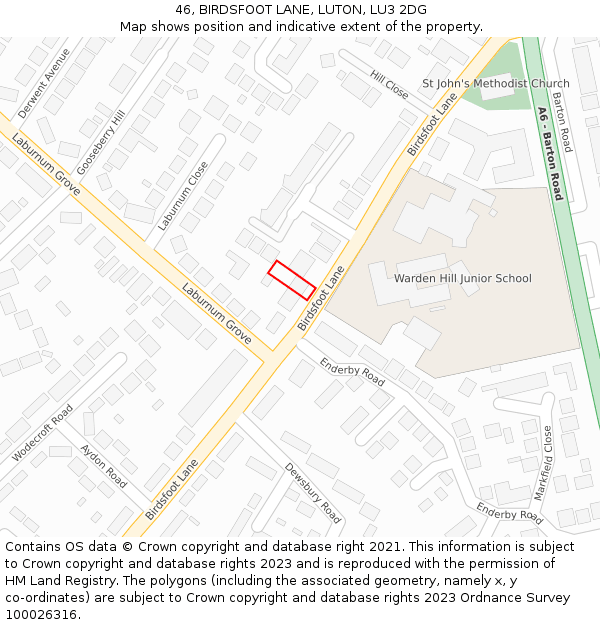 46, BIRDSFOOT LANE, LUTON, LU3 2DG: Location map and indicative extent of plot