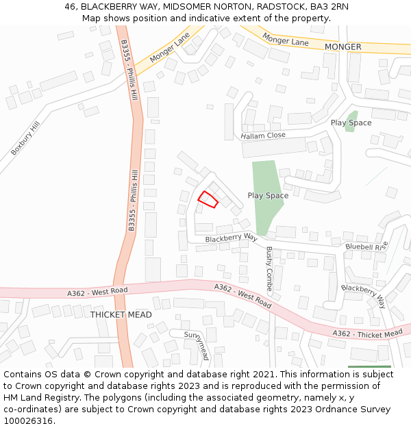 46, BLACKBERRY WAY, MIDSOMER NORTON, RADSTOCK, BA3 2RN: Location map and indicative extent of plot