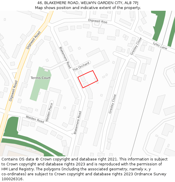 46, BLAKEMERE ROAD, WELWYN GARDEN CITY, AL8 7PJ: Location map and indicative extent of plot