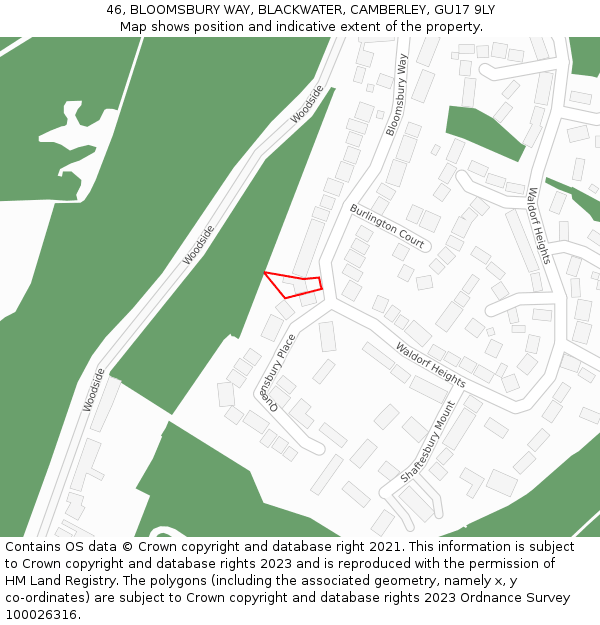 46, BLOOMSBURY WAY, BLACKWATER, CAMBERLEY, GU17 9LY: Location map and indicative extent of plot