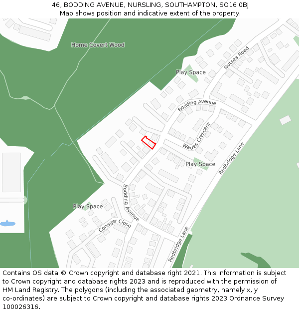 46, BODDING AVENUE, NURSLING, SOUTHAMPTON, SO16 0BJ: Location map and indicative extent of plot