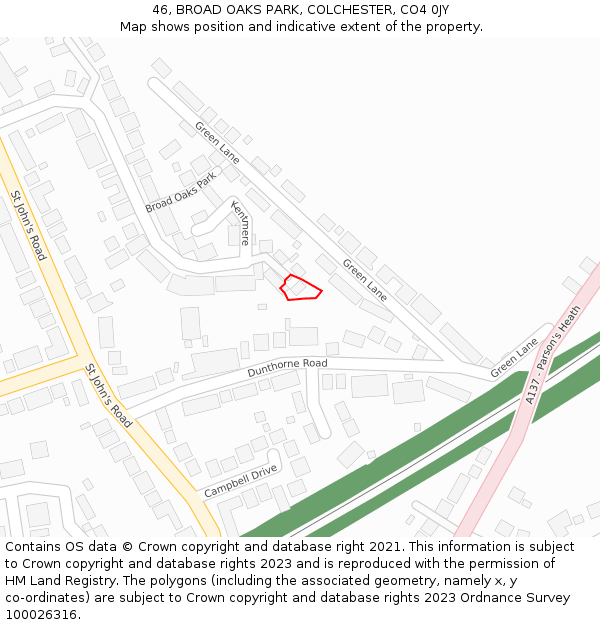 46, BROAD OAKS PARK, COLCHESTER, CO4 0JY: Location map and indicative extent of plot