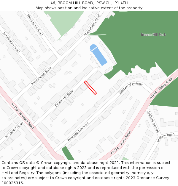 46, BROOM HILL ROAD, IPSWICH, IP1 4EH: Location map and indicative extent of plot