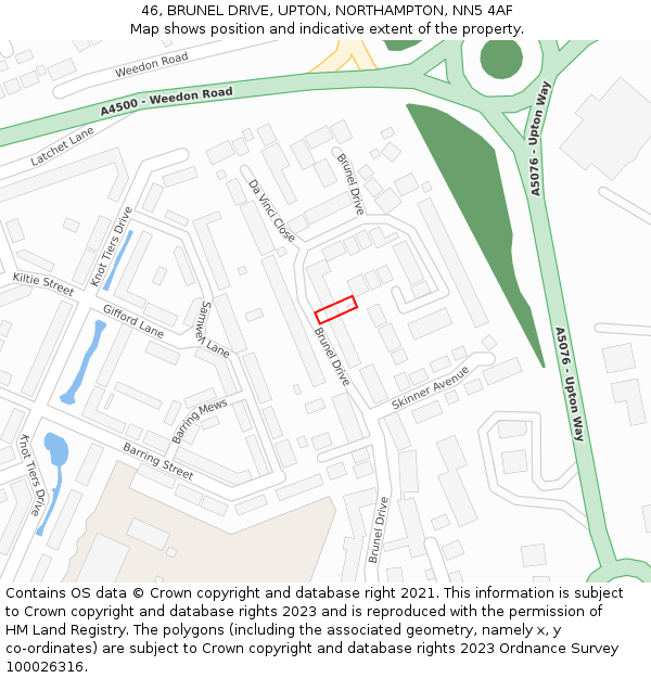 46, BRUNEL DRIVE, UPTON, NORTHAMPTON, NN5 4AF: Location map and indicative extent of plot