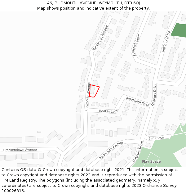46, BUDMOUTH AVENUE, WEYMOUTH, DT3 6QJ: Location map and indicative extent of plot