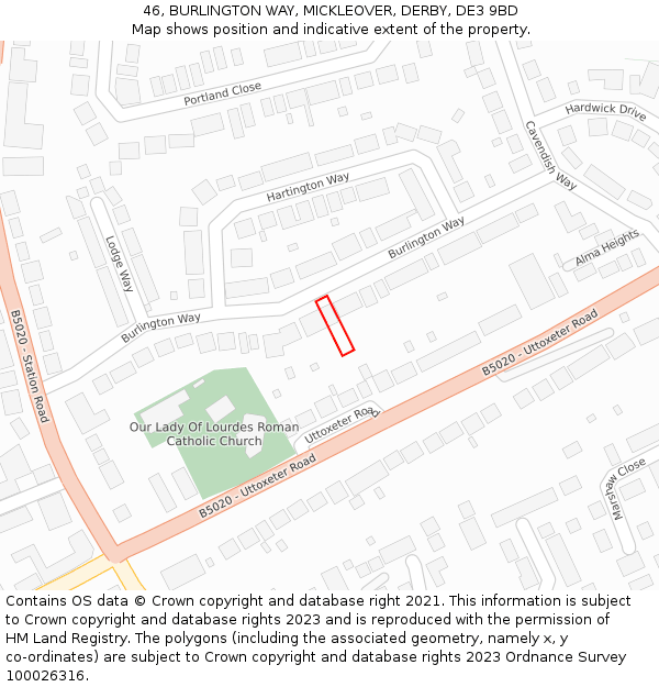 46, BURLINGTON WAY, MICKLEOVER, DERBY, DE3 9BD: Location map and indicative extent of plot