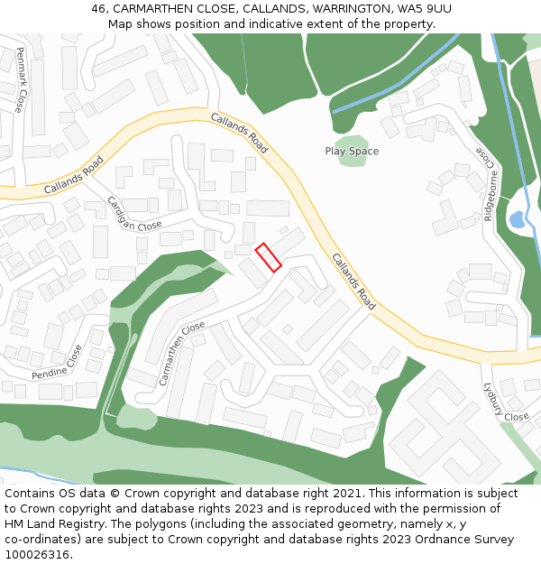 46, CARMARTHEN CLOSE, CALLANDS, WARRINGTON, WA5 9UU: Location map and indicative extent of plot
