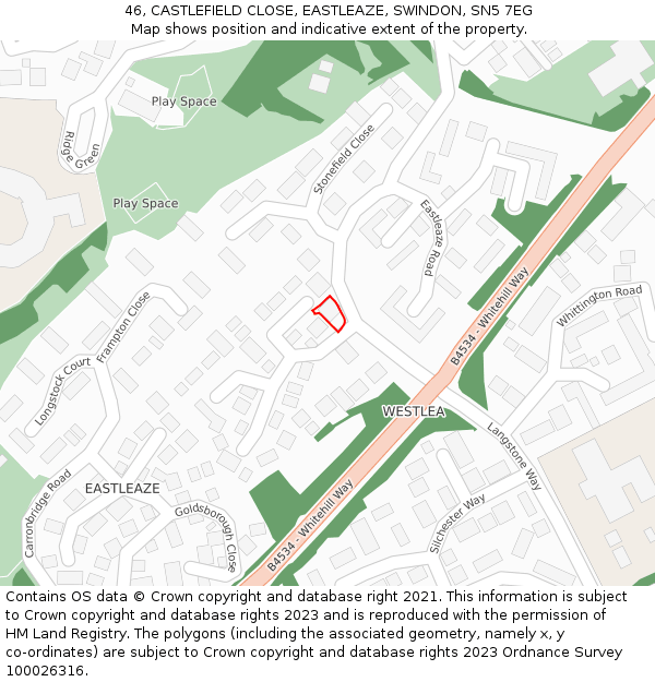 46, CASTLEFIELD CLOSE, EASTLEAZE, SWINDON, SN5 7EG: Location map and indicative extent of plot