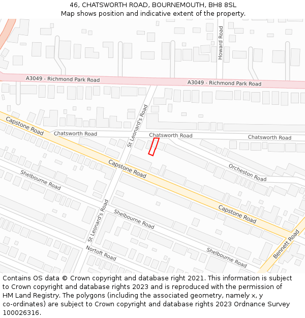 46, CHATSWORTH ROAD, BOURNEMOUTH, BH8 8SL: Location map and indicative extent of plot