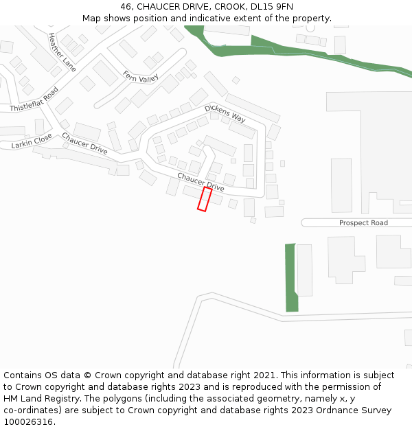 46, CHAUCER DRIVE, CROOK, DL15 9FN: Location map and indicative extent of plot