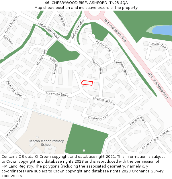 46, CHERRYWOOD RISE, ASHFORD, TN25 4QA: Location map and indicative extent of plot
