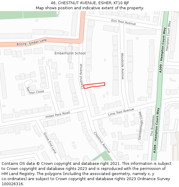 46, CHESTNUT AVENUE, ESHER, KT10 8JF: Location map and indicative extent of plot