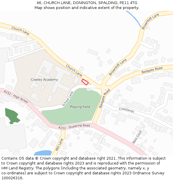 46, CHURCH LANE, DONINGTON, SPALDING, PE11 4TG: Location map and indicative extent of plot