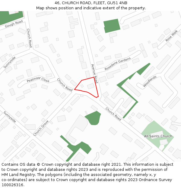 46, CHURCH ROAD, FLEET, GU51 4NB: Location map and indicative extent of plot