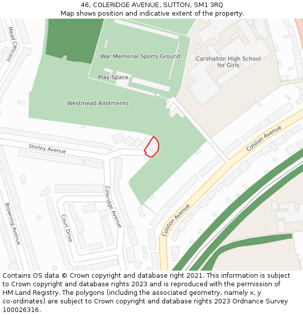 46, COLERIDGE AVENUE, SUTTON, SM1 3RQ: Location map and indicative extent of plot