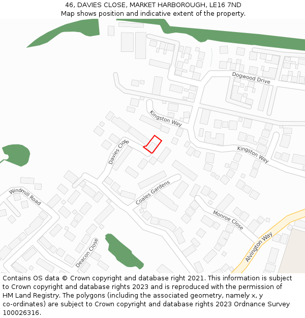 46, DAVIES CLOSE, MARKET HARBOROUGH, LE16 7ND: Location map and indicative extent of plot