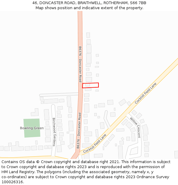 46, DONCASTER ROAD, BRAITHWELL, ROTHERHAM, S66 7BB: Location map and indicative extent of plot