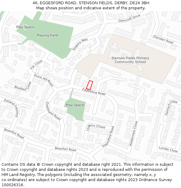 46, EGGESFORD ROAD, STENSON FIELDS, DERBY, DE24 3BH: Location map and indicative extent of plot