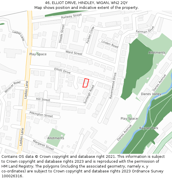 46, ELLIOT DRIVE, HINDLEY, WIGAN, WN2 2QY: Location map and indicative extent of plot