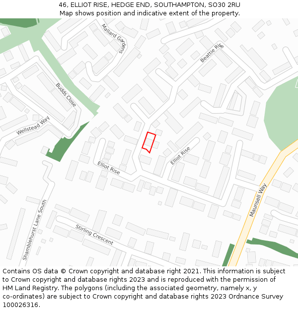 46, ELLIOT RISE, HEDGE END, SOUTHAMPTON, SO30 2RU: Location map and indicative extent of plot