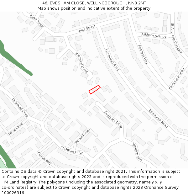 46, EVESHAM CLOSE, WELLINGBOROUGH, NN8 2NT: Location map and indicative extent of plot