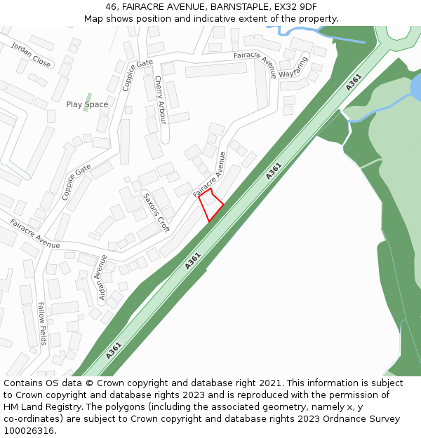 46, FAIRACRE AVENUE, BARNSTAPLE, EX32 9DF: Location map and indicative extent of plot