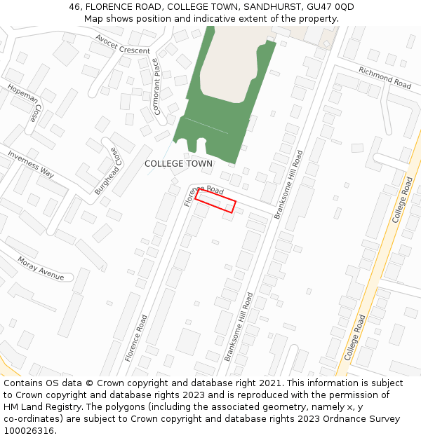 46, FLORENCE ROAD, COLLEGE TOWN, SANDHURST, GU47 0QD: Location map and indicative extent of plot
