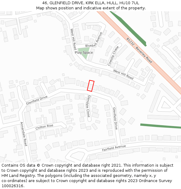 46, GLENFIELD DRIVE, KIRK ELLA, HULL, HU10 7UL: Location map and indicative extent of plot