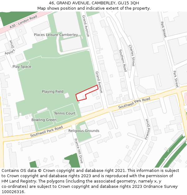 46, GRAND AVENUE, CAMBERLEY, GU15 3QH: Location map and indicative extent of plot