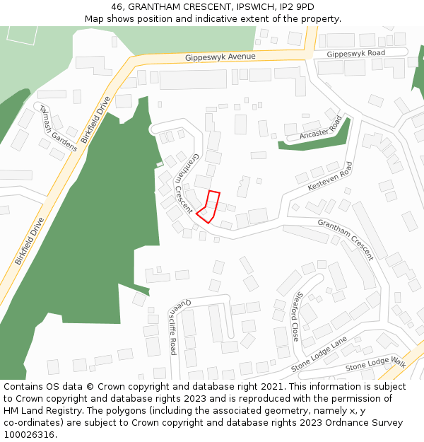 46, GRANTHAM CRESCENT, IPSWICH, IP2 9PD: Location map and indicative extent of plot