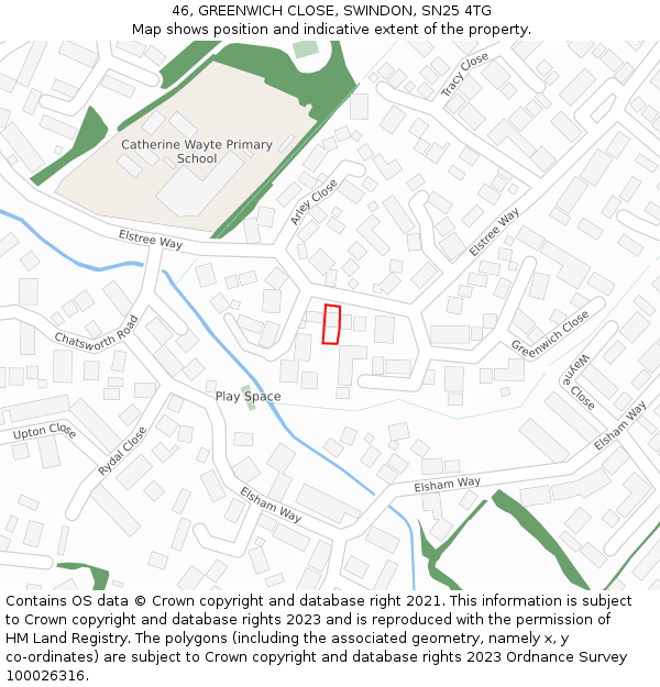 46, GREENWICH CLOSE, SWINDON, SN25 4TG: Location map and indicative extent of plot