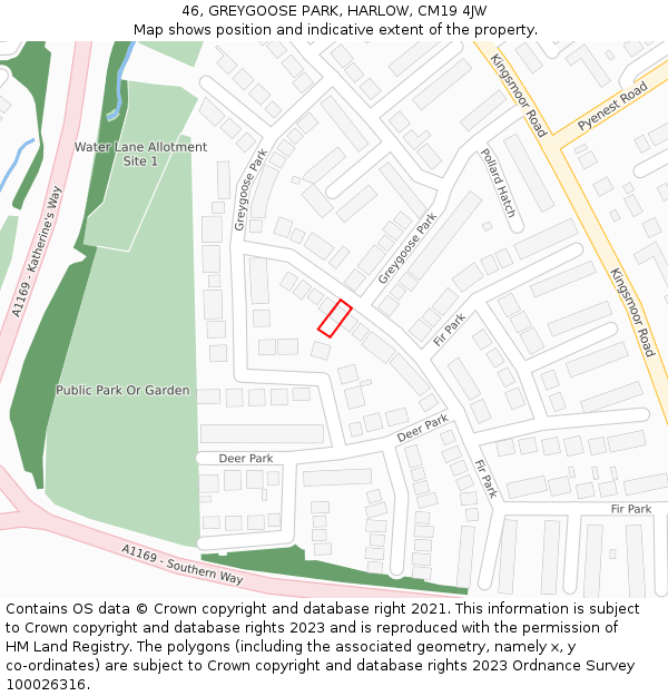 46, GREYGOOSE PARK, HARLOW, CM19 4JW: Location map and indicative extent of plot