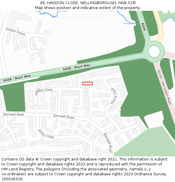 46, HADDON CLOSE, WELLINGBOROUGH, NN8 5ZB: Location map and indicative extent of plot