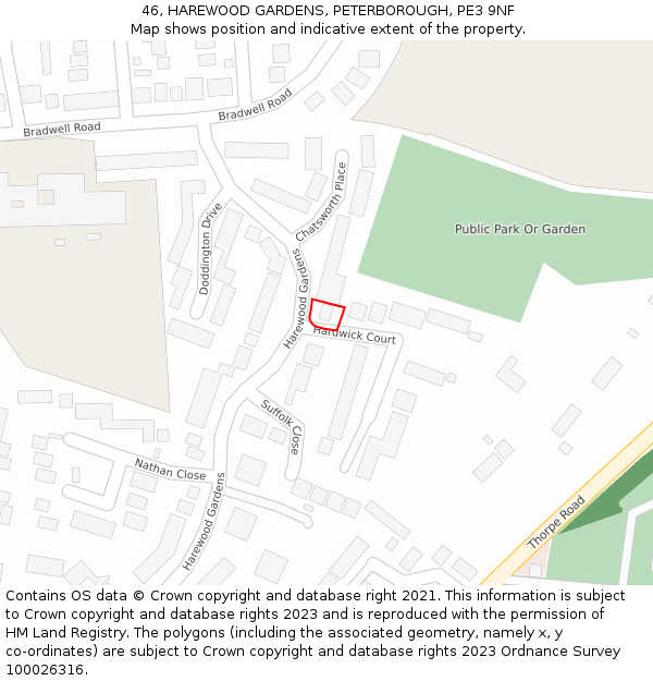 46, HAREWOOD GARDENS, PETERBOROUGH, PE3 9NF: Location map and indicative extent of plot