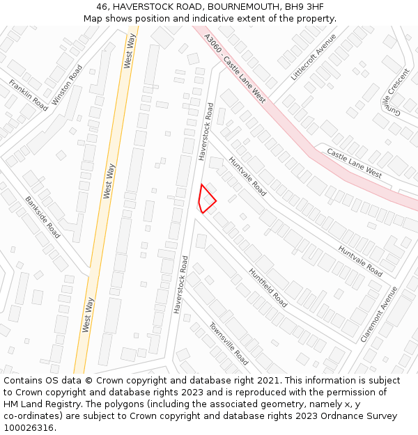46, HAVERSTOCK ROAD, BOURNEMOUTH, BH9 3HF: Location map and indicative extent of plot