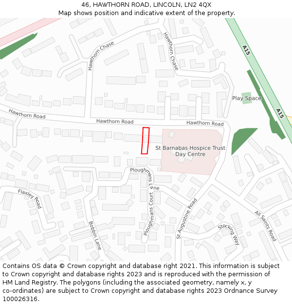 46, HAWTHORN ROAD, LINCOLN, LN2 4QX: Location map and indicative extent of plot