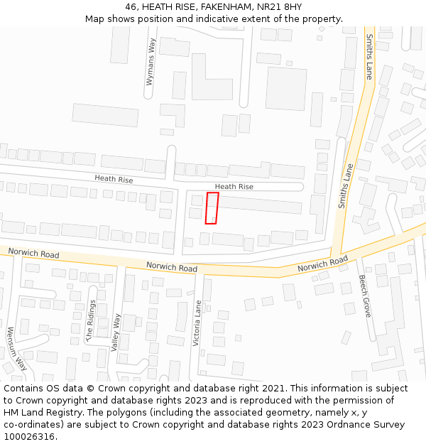 46, HEATH RISE, FAKENHAM, NR21 8HY: Location map and indicative extent of plot