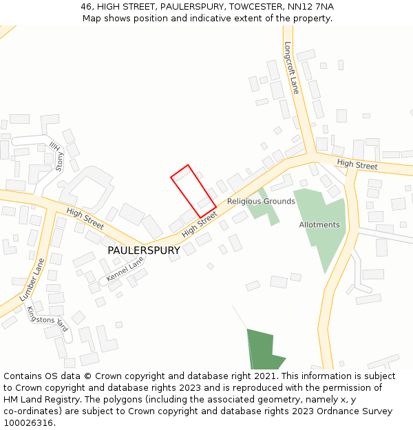 46, HIGH STREET, PAULERSPURY, TOWCESTER, NN12 7NA: Location map and indicative extent of plot