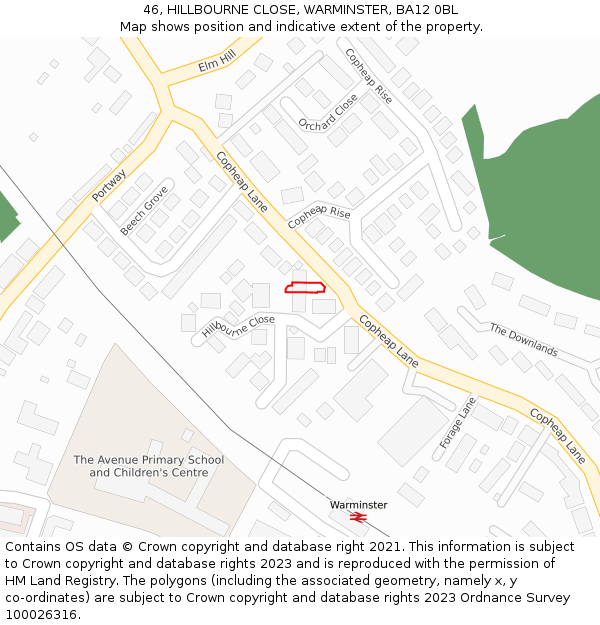 46, HILLBOURNE CLOSE, WARMINSTER, BA12 0BL: Location map and indicative extent of plot