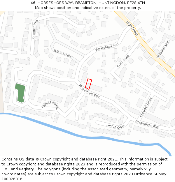 46, HORSESHOES WAY, BRAMPTON, HUNTINGDON, PE28 4TN: Location map and indicative extent of plot