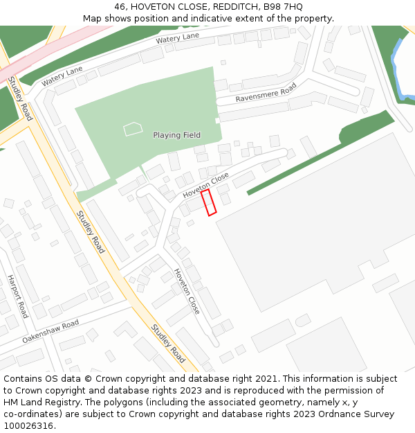 46, HOVETON CLOSE, REDDITCH, B98 7HQ: Location map and indicative extent of plot